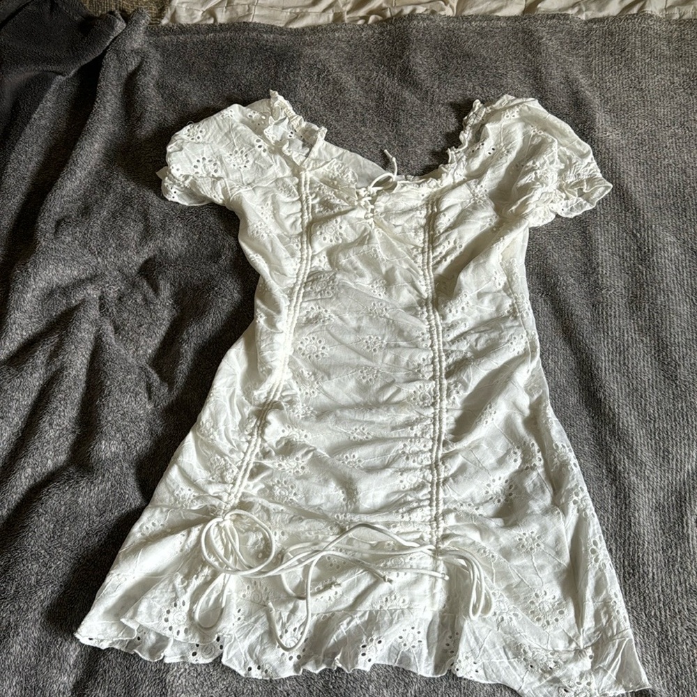 BOGO Shein- White Frill Drawstring Front Ruched Ruffle Hem Bardot Mini Dress.Zip
